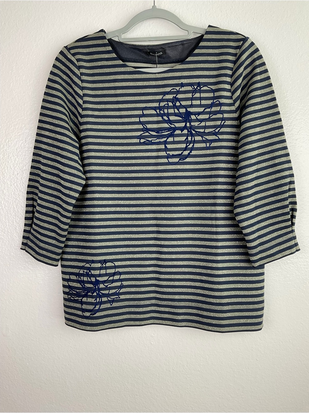 Bianca Metallic Gray and Navy Striped Scoop Neck Sweater with Floral Line Art